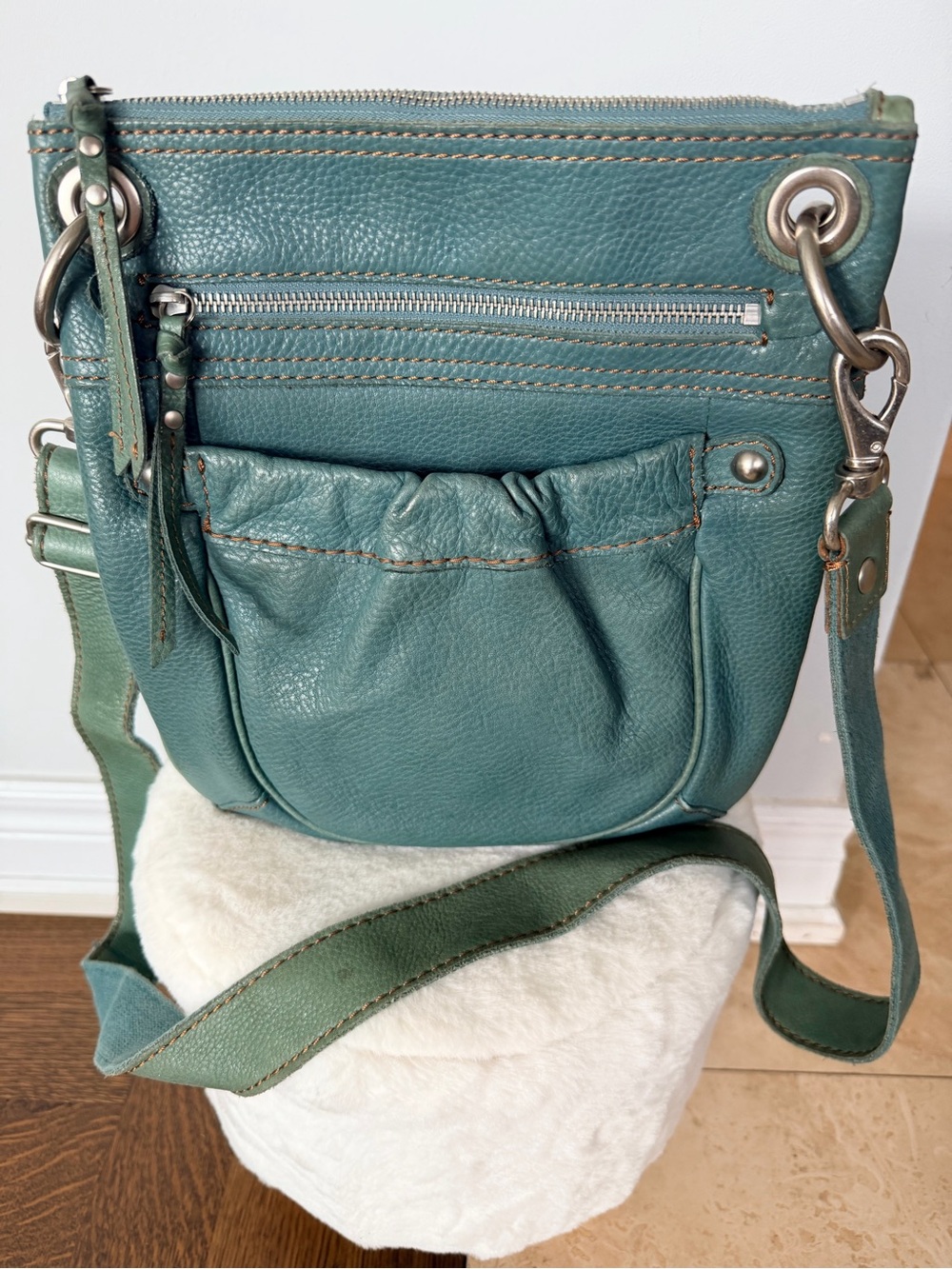 FOSSIL Large Crossbody Genuine Pebbled Leather Sea Foam Green Blue Purse Bag